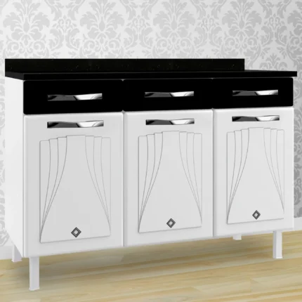 Balcão com Tampo 3 Portas 2 Gavetas 123cm Star Telasul - Branco/Preto