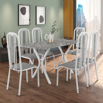 Conjunto de Mesa 6 Cadeiras Tampo Granito Athenas Fabone - Branco Prata/ Vegetale
