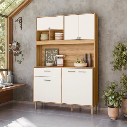 Cozinha Compacta com Tampo 6 Portas 1 Gaveta em MDP Erva Doce Nicioli - Freijo/Off White