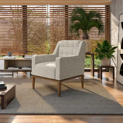 Poltrona Estofada Jacquard com Pés de Madeira Florença Fabone - Linho Bege